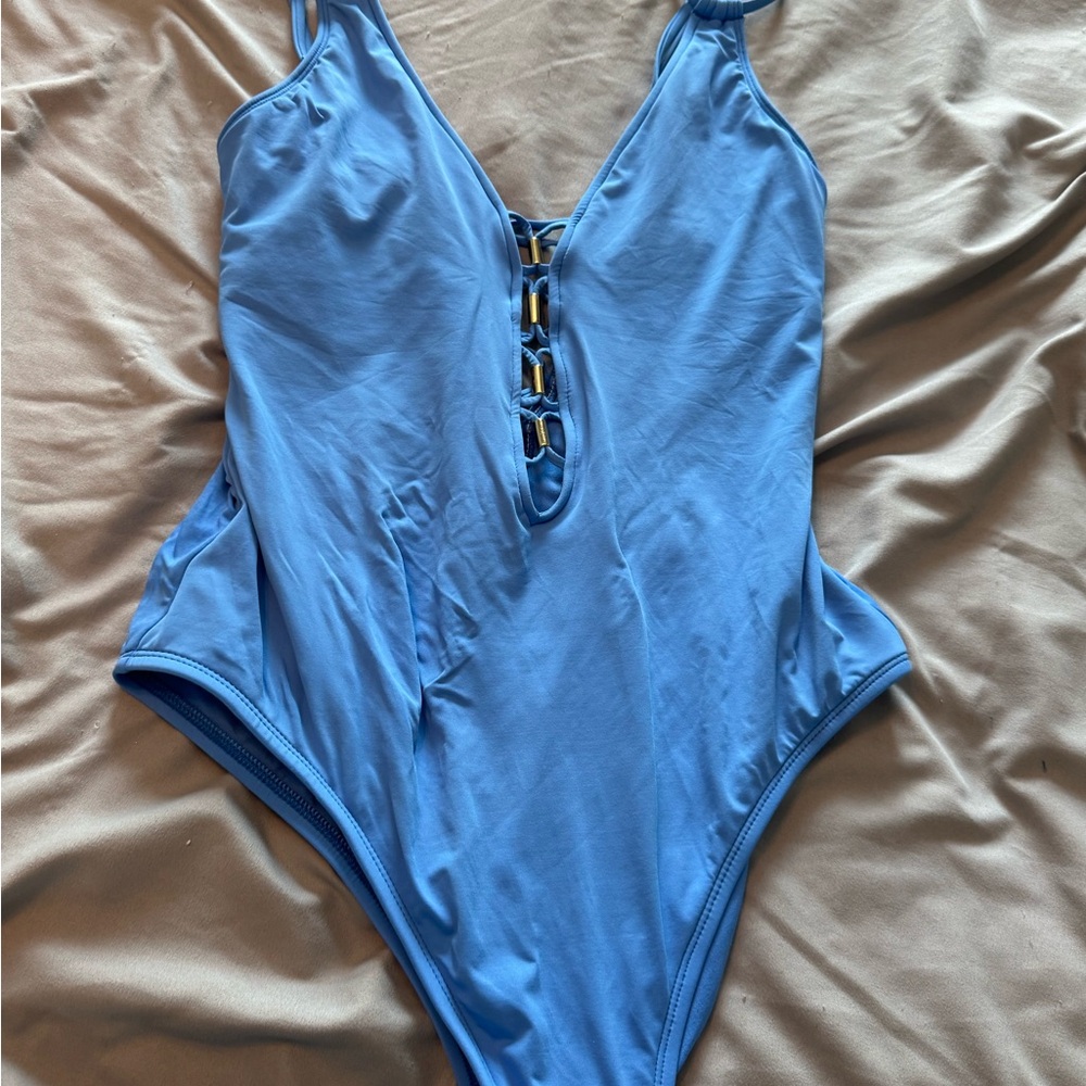 La Blanca Blue Bodysuit One Piece with Lace-Up Detail